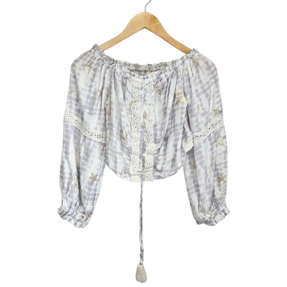 Surf Gypsy Metallic Star Print Crochet Size Small Ruched Off Shoulder Crop Top